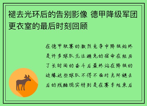褪去光环后的告别影像 德甲降级军团更衣室的最后时刻回顾