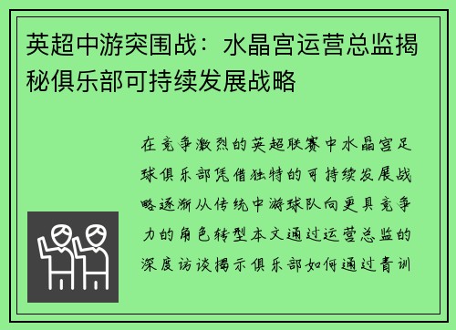 英超中游突围战：水晶宫运营总监揭秘俱乐部可持续发展战略