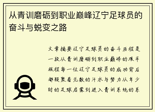 从青训磨砺到职业巅峰辽宁足球员的奋斗与蜕变之路