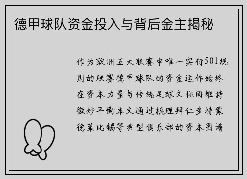 德甲球队资金投入与背后金主揭秘